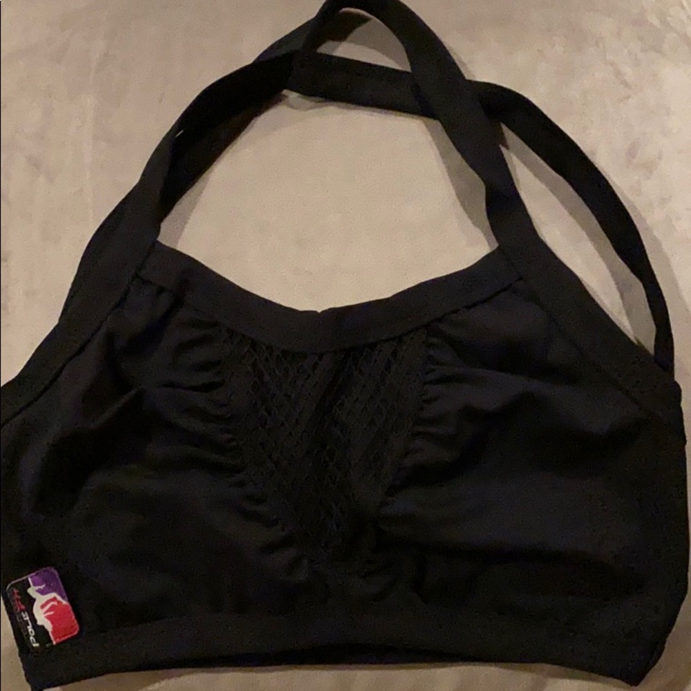 Black Lace-Front Halter Sports Bra